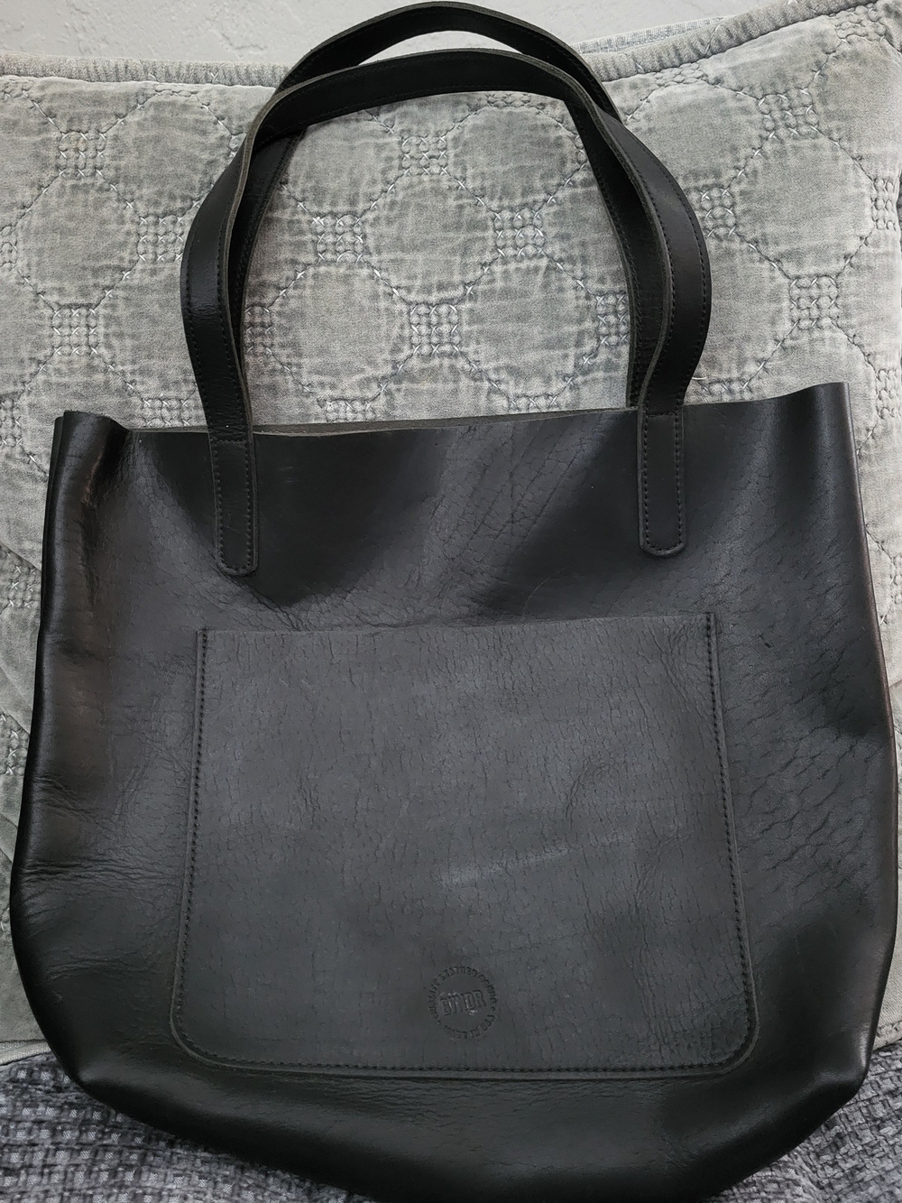 BYNDR-Black Leather Tote Bag with Front Pocket
